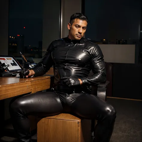 30 years, "police officer", the police solo, real picture, picture high quality, " glossy leather police uniform", tights leather trousers,dark, wear, wear chelsea leather boot, the police sit down on chair full body, in the office, K HD,"big muscle" ,blac...