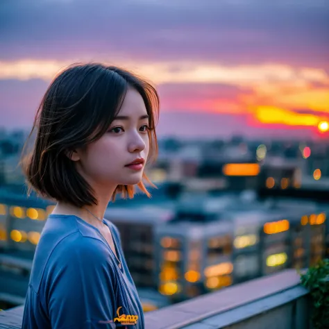 
Deep Twilight Blue、Warm sunset orange、And using a soft purple palette、Draw the sky changing。The central image is、A young woman, her hair blowing gently in the evening breeze, stands on a rooftop、Let&#39;s make it look like you&#39;re looking down on the s...