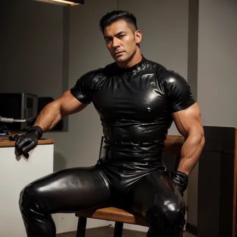 30 years, "police officer", the police solo, real picture, picture high quality, "wear a leather tank top", " glossy leather police uniform", tights leather trousers, dark, wear, wear chelsea leather boot, the police sit down on chair, plump body, full bod...