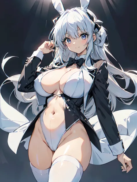 (tuxedo jacket), (white leotard), smiling(short height)(young girl), (black bunny ears), (huge round breasts)(big boobs), narrow waist, belly button, small hips, (bare hips), (thin legs)(bare legs), (thin thighs)spread, (white high-heel), (silver ponytail)...