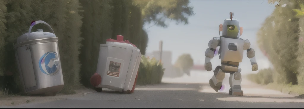 The robot carries 2 bags of good and bad trash, and the robot takes out the good stuff