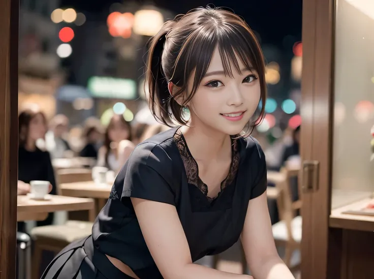 (Highest quality, masterpiece, Ultra-high resolution, 8K, RAW Photos, Realistic, Anatomically correct:1.5), 20-year-old girl:1.2, Embarrassing, avert your eyes, blush:1.0, View Viewer, ((bar)) 、Night view、 Light:1.2, Bokeh, Cinema Lighting:1.0, Depth of wr...