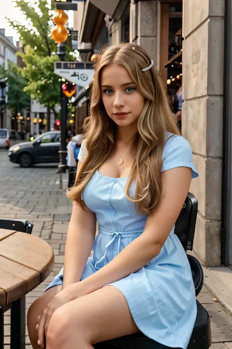 portrait of a young female, highlights in hair, sitting outside restaurant, blue eyes, wearing a dress, side light a german football fan, hyperrealistic, iStock, 4k, organic, colorful, sunlight, eye contact