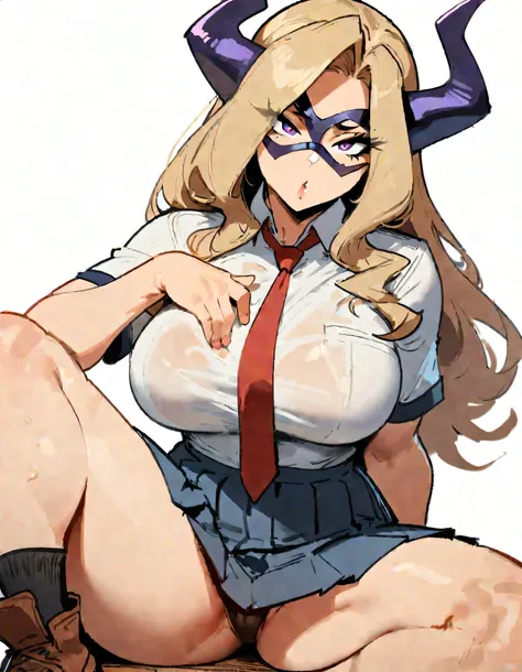 1girl, mount lady, boku no hero academia  masterpiece, best quality, very aesthetic, absurdres, newest  sportive body,    by dodok, nyantcha, cutesexyrobutts, by khyle ///// blonde, purple eyes,  (school uniform:1.2), skirt, , 24 years old, white backgroun...