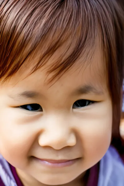  Asian redhead sideways looking up, on the other side, a brown-haired Asian boy looking into her eyes with a smile close to her face