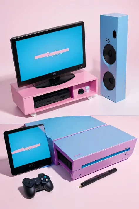 Design a game console with a blue and pink cartoon picture，Draw color illustrations