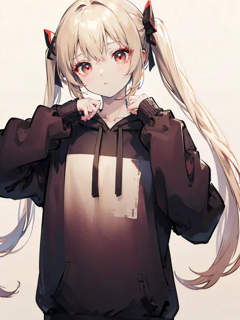 Beige hair and red eyes、Twin tails、Very long hair、Shiny Hair、high quality、Simple Background、White Background、Big hoodie、monochrome clothes