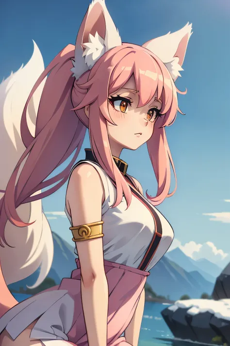 Nine snow-white fox tails (1.0), milky fox tail (1.0), fox close-up of nine tails, nine-tails, nine-tails, anime girl with pink hair and pink dress with flowers on her hair, very beautiful anime fox girl, beautiful anime fox girl, beautiful fantasy anime, ...