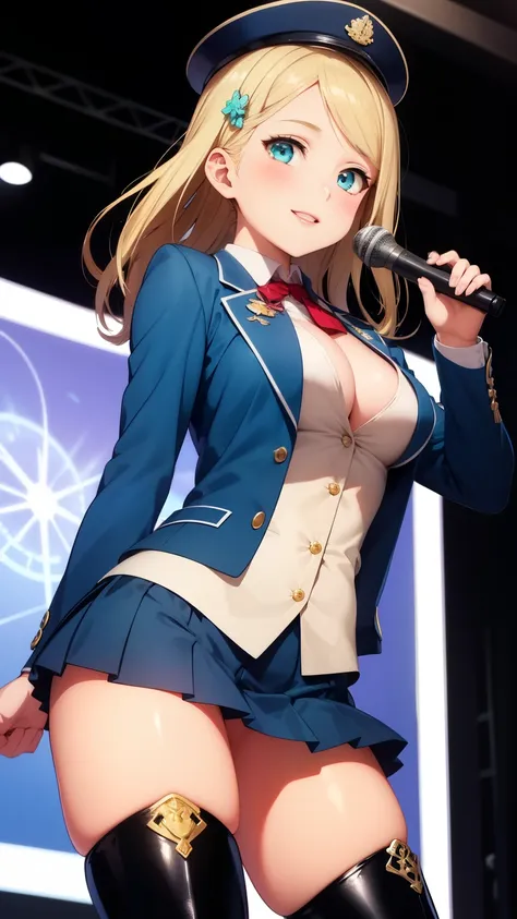 masterpiece, best quality, highly detailed, ultra high res, ayase arisa, 1girl, solo, hair ornament, long blonde hair, glossy lips, medium breasts, aqua eyes, blazer, pleated miniskirt, thigh boots, military hat, light smile, microphone