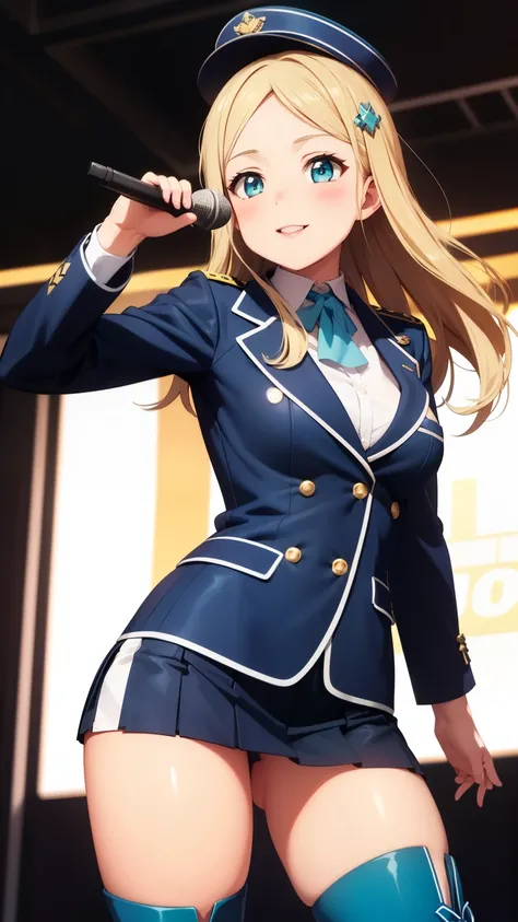 masterpiece, best quality, highly detailed, ultra high res, ayase arisa, 1girl, solo, hair ornament, long blonde hair, glossy lips, medium breasts, aqua eyes, blazer, pleated miniskirt, thigh boots, military hat, light smile, microphone