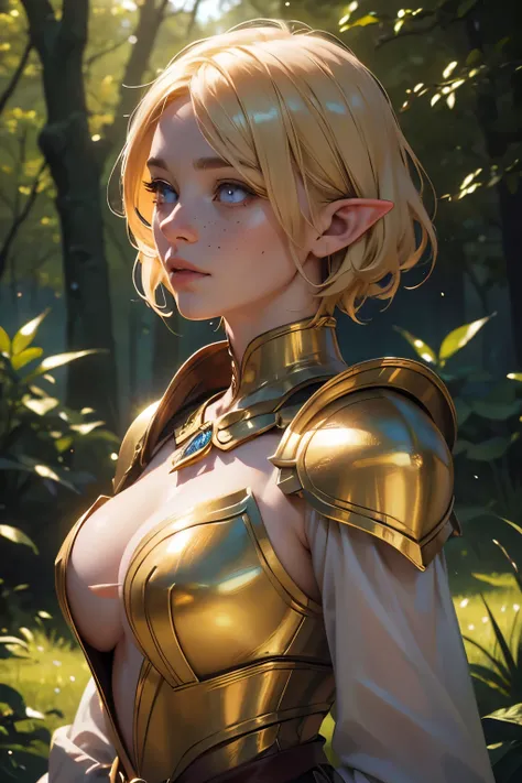 A beautiful elf girl with short blonde hair and freckles, wearing golden medieval light armor, standing in a magical forest at night, (best quality,4k,8k,highres,masterpiece:1.2),ultra-detailed,(realistic,photorealistic,photo-realistic:1.37),detailed eyes,...