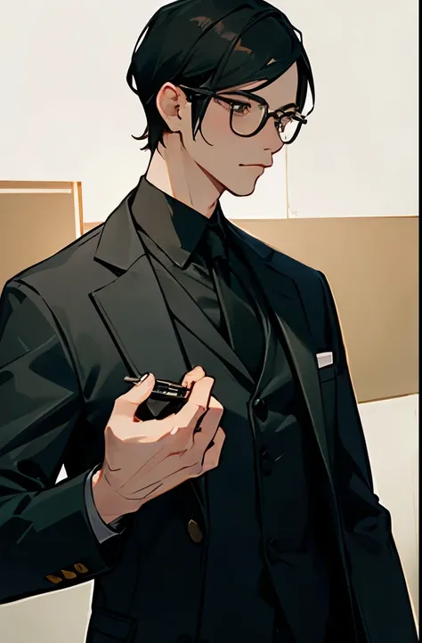 Best quality,high detail,masterpiece,1 man,black hair,black eye,wearing glasses, suit