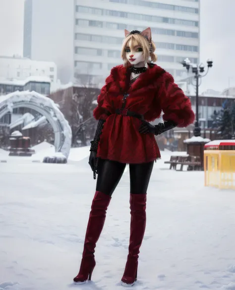 UHD 8k, HDR+, cute blonde anthro female Cat with a necklace, large piercing green eyes, huge earrings, giant earrings, blonde with pigtails, fluffy cat with a snow-white fluffy tail, Black leather high heel boots, High heels, Red gothic dress, Against the ...