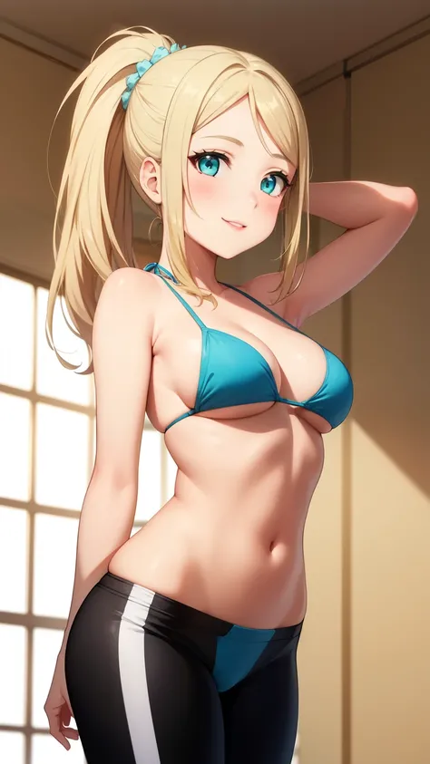 masterpiece, best quality, highly detailed, ultra high res, ayase arisa, 1girl, solo, hair ornament, long blonde hair, glossy lips, medium breasts, aqua eyes, ponytail, yoga pants, light smile, bikini top