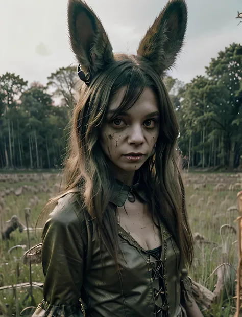 GhostlyStyle, zombie fawn, very cute, standing in a haunted meadow, spooky, highly detailed, up close, sickly green mossy fur, decayed leather collar, swamp witchs familiar, pale gray eyes