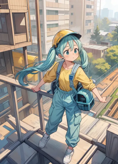 (masterpiece、Highest quality、Highest quality、Official Art、Beautiful and beautiful:1.2)、(One girl:1.3)Hatsune Miku、Twin tails,Beautiful breasts,Wearing a helmet、Safety helmet、Yellow Helmet、Gaten、Nikkapokka、Baggy trousers、construction、architecture、steel fram...