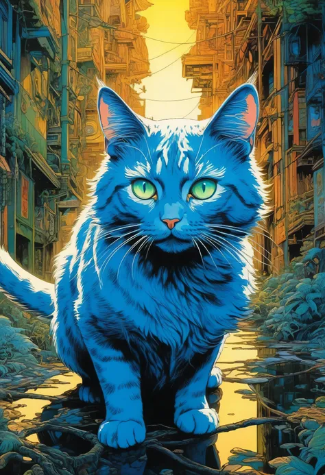 artwork by Katsuya Terada
8K, HD, intricate detailed masterpiece, (summer vaation:1.4), cute cat, transparent, glowing blue eyes, blue cat and palegreen eye ball, medium shot, blue hair, organic shapes, hard edges, anatomecly correct body,  hyper realistic...