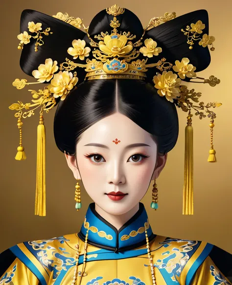 a serene portrait of a girl, symmetrical, round face, bright eyes, smooth skin, graceful and noble, opulent, ornate black and golden attire, Qing dynasty imperial headdress, regal, Chinese emperor, high chignon, lavish golden crown, tassels, palace, clean ...