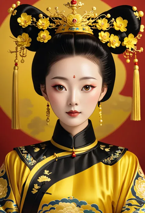 Solemn girl portrait，symmetry，Round Face，Bright Eyes，Smooth skin，Elegant and luxurious，Wealth，Gorgeous black and gold costumes，Chinese Qing Dynasty flag costumes,Selfish,Chinese Emperor，High bun，Gorgeous golden crown，tassel，palace，Clean background