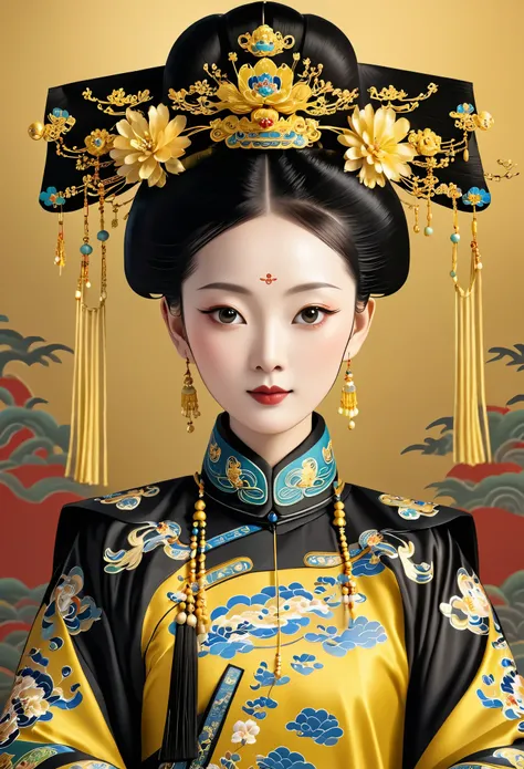 a serene portrait of a girl, symmetrical, round face, bright eyes, smooth skin, graceful and noble, opulent, ornate black and golden attire, Qing dynasty imperial headdress, regal, Chinese emperor, high chignon, lavish golden crown, tassels, palace, clean ...