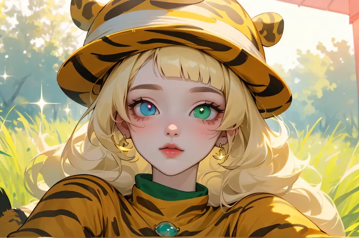 (high quality) (Best Quality) (Una Women) (correct physiognomy) (perfect pupils) (Perfect eyes) Women, blonde hair, long collected in two buns with bangs on the forehead, eyes with heterochromia two eyes, one green and one gold eye, sensitive lips, female ...