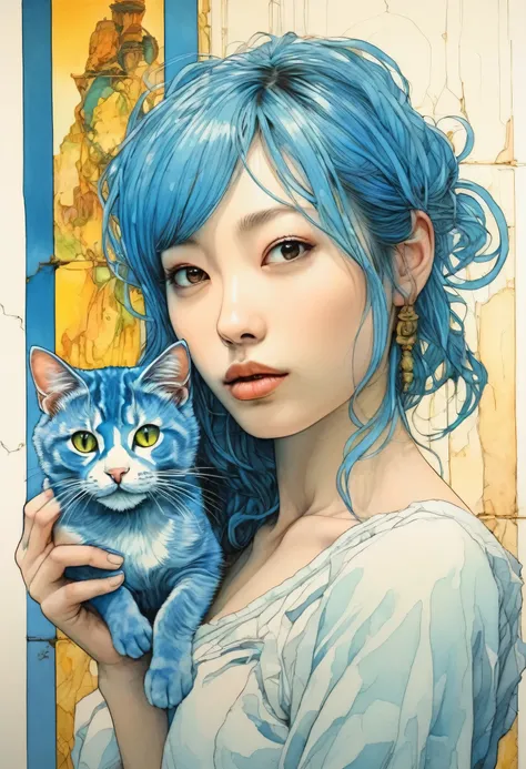 artwork by Katsuya Terada
8K, HD, intricate detailed masterpiece, (summer vaation:1.4), (cat and girl:1.1), transparent, glowing blue eyes, blue cat and palegreen eye ball, medium shot, blue hair, organic shapes, hard edges, anatomecly correct body, hyper...