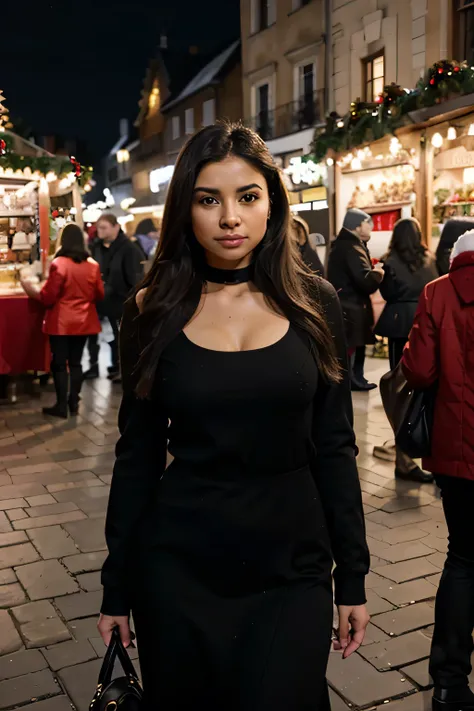 latina at christmas market, black outfit, Christmas, elegant, personne autours