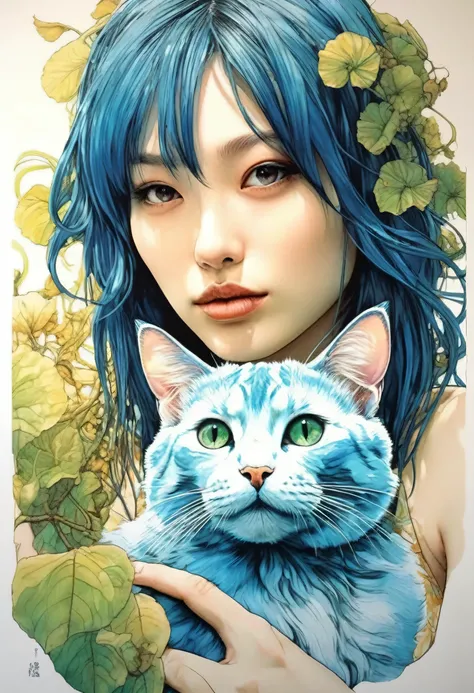 artwork by Katsuya Terada
8K, HD, intricate detailed masterpiece, (summer vaation:1.4), (cat and girl:1.1), transparent, glowing blue eyes, blue cat and palegreen eye ball, medium shot, blue hair, organic shapes, hard edges, anatomecly correct body, hyper...