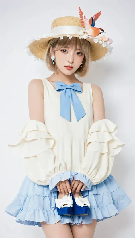 uekura, 1girl, blonde hair, white background, hat, dress, blue footwear, wings, simple background, signature, flower, nail polish, wide sleeves, long sleeves, blush, animal, white flower, solo, full body, bird, looking at viewer, high heels, hand on own ch...