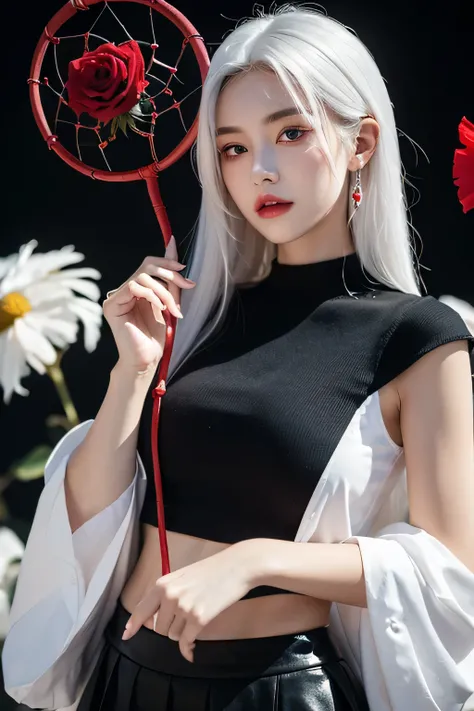 (best quality, masterpiece), (1 Girl, Solitary, Black skirt, permanent , Looking at the audience, White hair, Red Eyes, Holding a rose, Shut up, Upper Body), (There is a red dream catcher behind, safflower, )