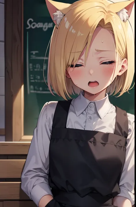 Android 18,Close ~ eyes,shy,Sweat,Please open your mouth wide,blush,Maid clothes,Cat ear,coffee shop,blonde,short hair,Cat&#39;tail,smile,From above,Happy face,