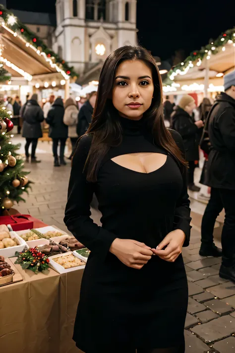 latina at christmas market, black outfit, Christmas, elegant, alone
