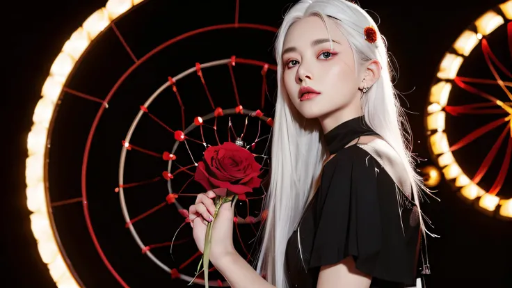 (best quality, masterpiece), (1 Girl, Solitary, Black skirt, permanent , Looking at the audience, White hair, Red Eyes, Holding a rose, Shut up, Upper Body), (There is a red dream catcher behind, safflower, )