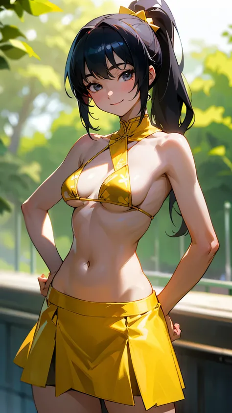 1 Girl、8K、Sharp focus、(Bokeh) (Highest quality) (Detailed skin:1.3) (Intricate details) (anime)、Black Hair, Side Ponytail、18-year-old、(Please put your hands on your hips)、chest、Slim figure、bikini、A pareo skirt with bold ethnic patterns and plenty of primar...