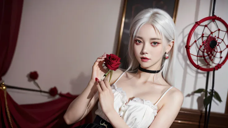 (best quality, masterpiece), (1 Girl, Solitary, Black skirt, permanent , Looking at the audience, White hair, Red Eyes, Holding a rose, Shut up, Upper Body), (There is a red dream catcher behind, safflower, )