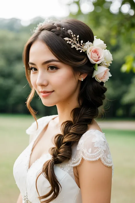 ((best quality)), ((masterpiece)), (detailed), 1girl, wedidng hairstyles,  outdoor wedding