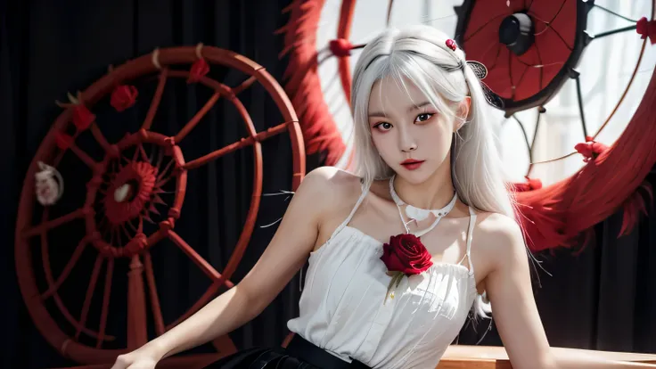 (best quality, masterpiece), (1 Girl, Solitary, Black skirt, permanent , Looking at the audience, White hair, Red Eyes, Holding a rose, Shut up, Upper Body), (There is a red dream catcher behind, safflower, )