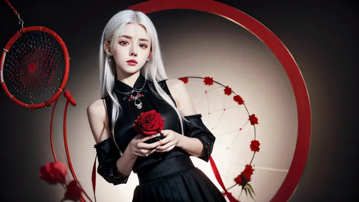 (best quality, masterpiece), (1 Girl, Solitary, Black skirt, permanent , Looking at the audience, White hair, Red Eyes, Holding a rose, Shut up, Upper Body), (There is a red dream catcher behind, safflower, )