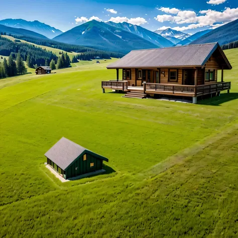 high mountains, distant view, Green meadows, Chill style house in the middle of a meadow., The most realistic picture