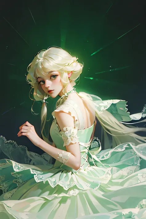 ((High quality work)), Simple and clean lines, The green dress and beautiful ruffled lace complement each other, Enriches the layering of the entire picture, Elegant Edwardian lace dresses and princess dresses add a lot of color to the character, Hands beh...