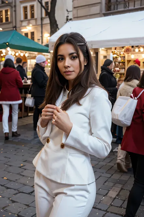 latina at christmas market, white outfit, Christmas, elegant, alone, AUCUN AUTRE VISAGE SAUF LA MODELE