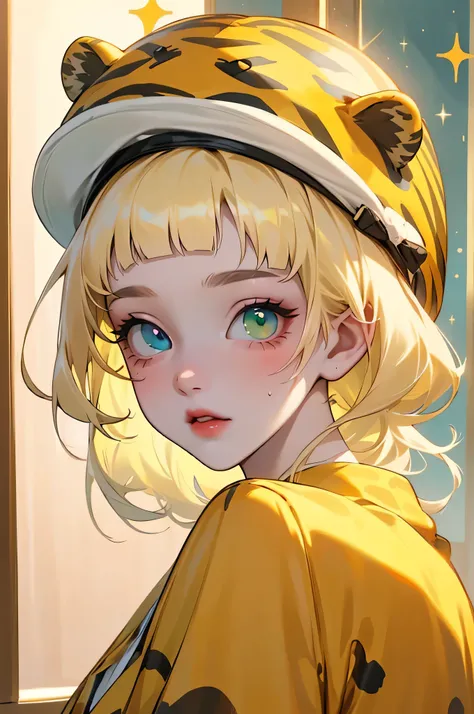 (high quality) (Best Quality) (Una Women) (correct physiognomy) (perfect pupils) (Perfect eyes) Women, blonde hair, long collected in two buns with bangs on the forehead, eyes with heterochromia two or}two, one green and the other golden eye, sensitive lip...