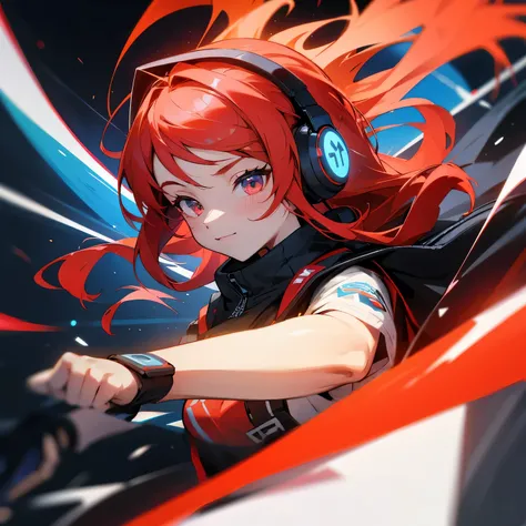 Red hair, The inner hair is a different color, Shoulder-length hair, EDM, Girl with headphones on, Dynamic movement, A face enjoying music, cute, Young, Upper Body, esports