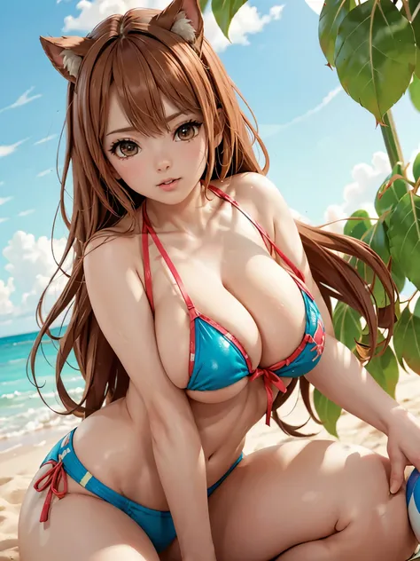 A busty woman with a big butt (colorful tiny bikini) is playing games (volley ball, frisbee, etc.) on the beach. Crowded beach, lovely women having fun and wanting attention
