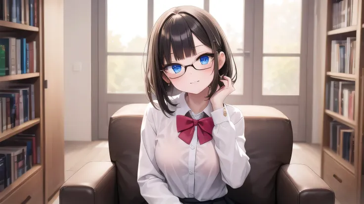 solo girl, 20 years old,sitting on chair,blunt bangs,medium hair,black hair,blue eyes, small breast,glasses,evil laugh,scorn,head tilt,long sleeves shirts,bowtie,pleated skirt,library,insanely detailed, absurdres, ultra-highres, ultra-detailed, best qualit...