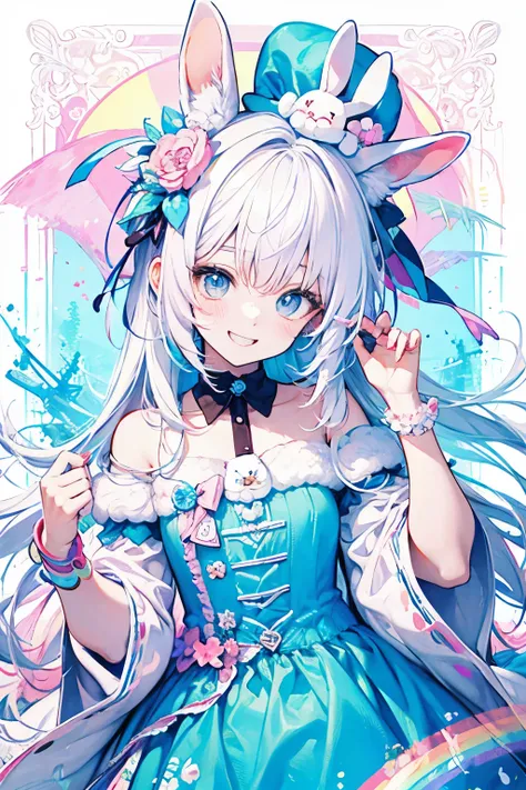 chibi character,Rabbit motif,(brush),((cute,kawaii,wonderland)),((pastel color)),((Cute assortment)),(Shy laugh),Shiny White hair,Rainbow