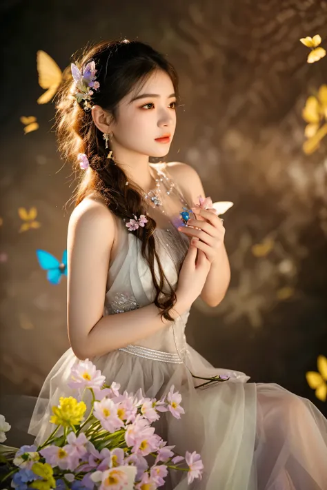 araffe woman sitting on a bench with a bouquet of flowers, a stunning young ethereal figure, beautiful adult fairy, beautiful fantasy maiden, fantasy photoshoot, chinese girl, portrait of fairy, portrait shot, portrait of fairy princess, beautiful fairy, e...