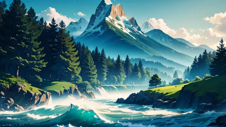 Soft blues and greens, Nature elements (trees, leaves, waves, mountains), Elegant and modern, Balanced and harmonious composition, High-resolution image suitable for YouTube channel art (2560 x 1440 pixels)

