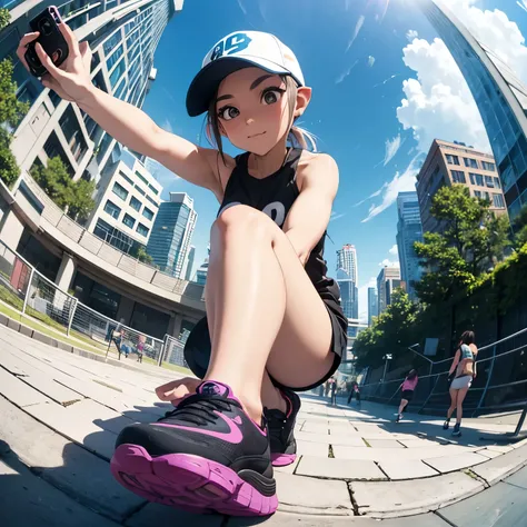 parkour, free running, exhibitionism, one splatoon girl, selfie, fisheye lens, look down, on top of the world&#39;s tallest buil...