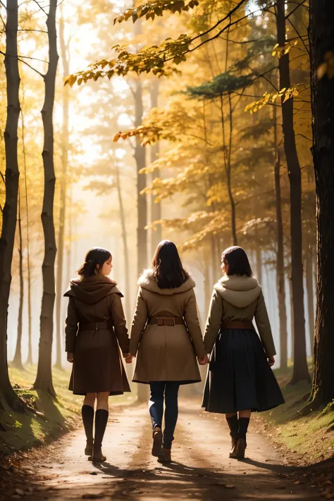 three girl in a path through the woods, fog, autumn landscape, sunlight filtering through the fog and branches